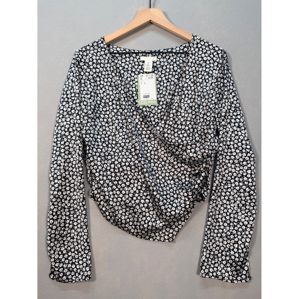 HM Womens Long Sleeve Ditsy Floral Wrap Top Black White V-Neck Blouse Large NEW‎